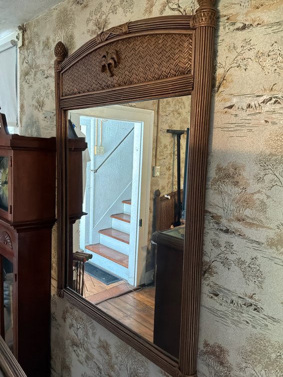 Rattan and Wicker Wall Mirror with Palm Tree Crest