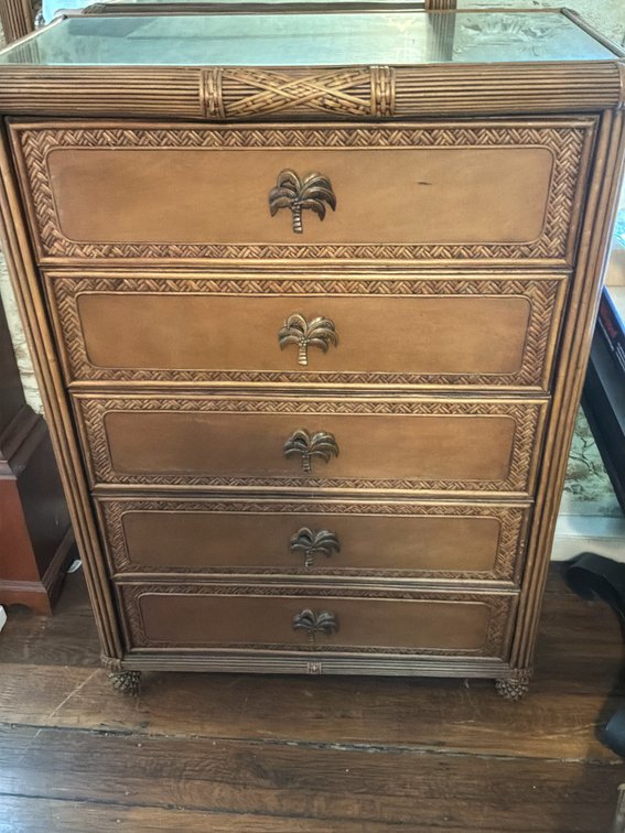 Reed and Wicker Five-Drawer Chest with Glass Top