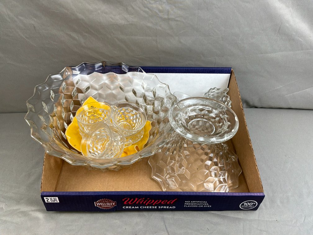 Fostoria Pressed Glass Punch Bowl, Base, and Cups