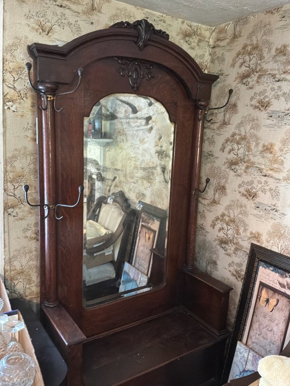 Oak Hall Tree with Mirror and Lift-Top Storage Bench