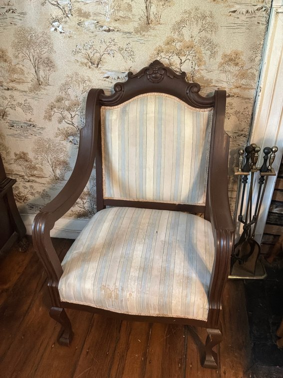 Carved Wood Armchair with Striped Upholstery