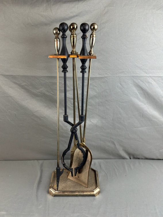 Brass and Black Metal Fireplace Tool Set on Stand