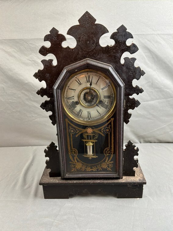 Carved Wood Gingerbread Mantel Clock with Pendulum and Key