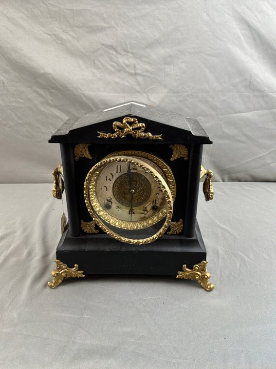 Black Architectural Mantel Clock with Gilt Mounts