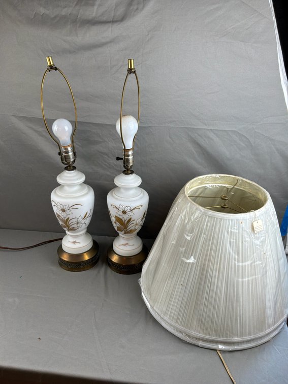 Pair of White Glass Floral Table Lamps with Shades