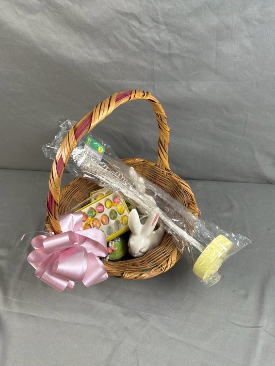 Wicker Easter Basket, Ceramic Rabbits, and Egg Ornaments