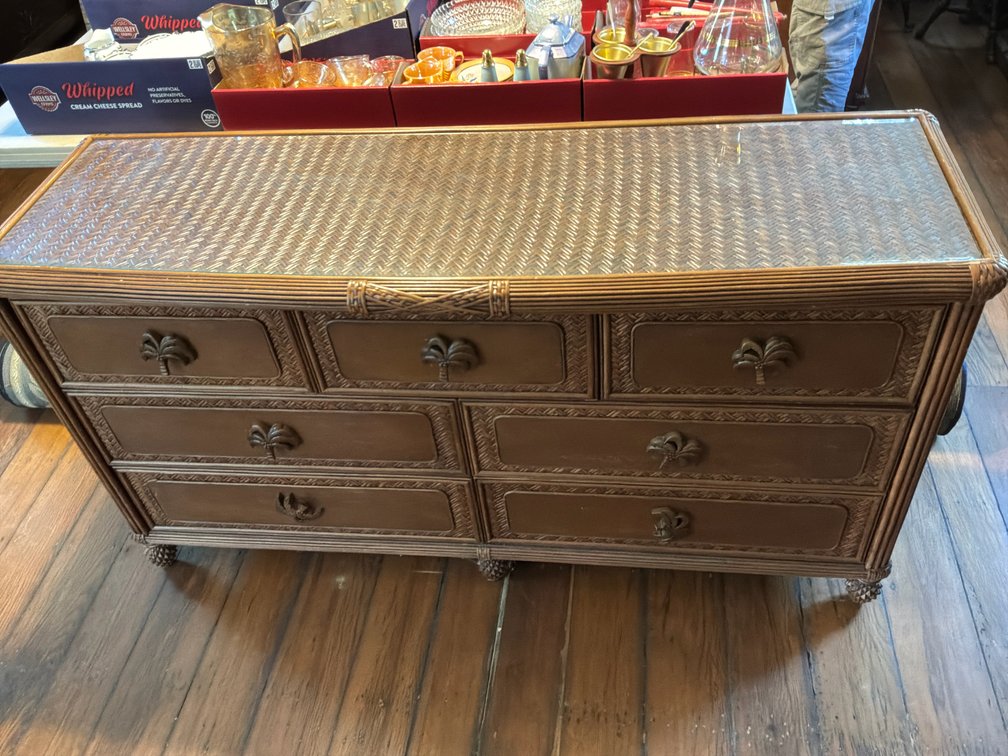 Rattan and Wicker Seven-Drawer Dresser with Glass Top
