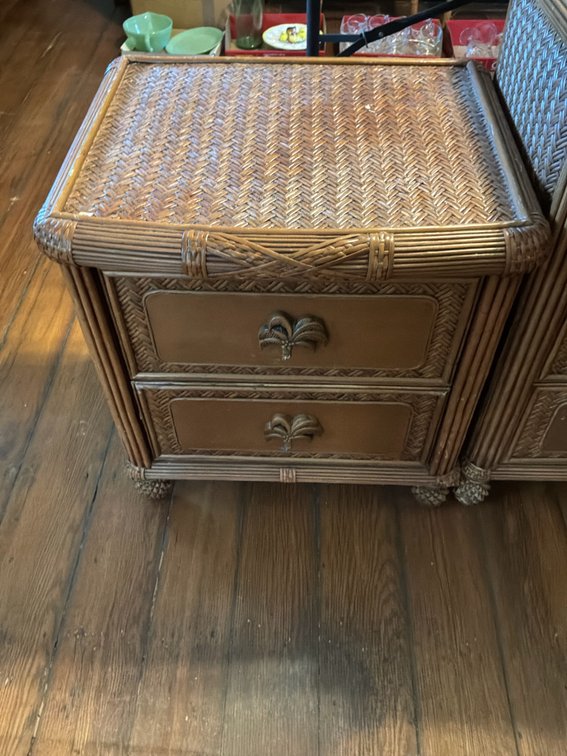 Two-Drawer Wicker and Rattan Nightstand with Palm Tree Pulls