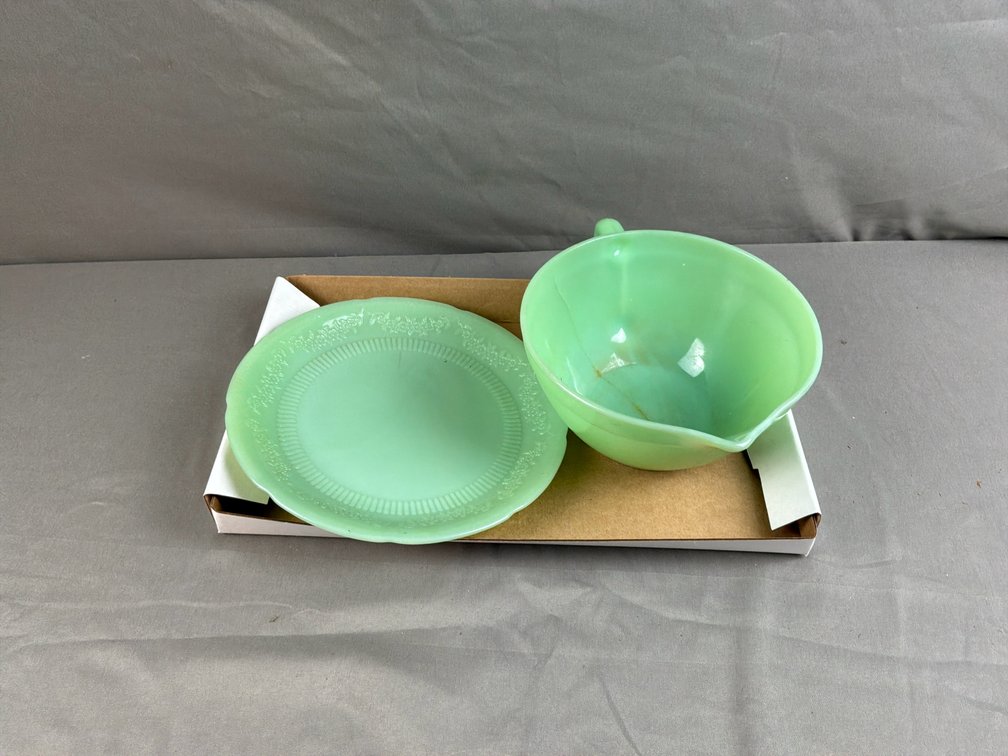 Jadeite Glass Handled Spouted Bowl and Saucer