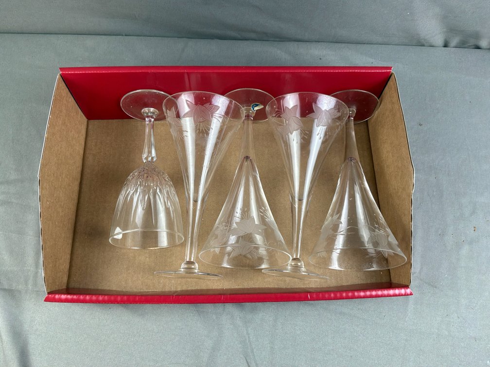 Floral Etched and Faceted Clear Glass Stemware