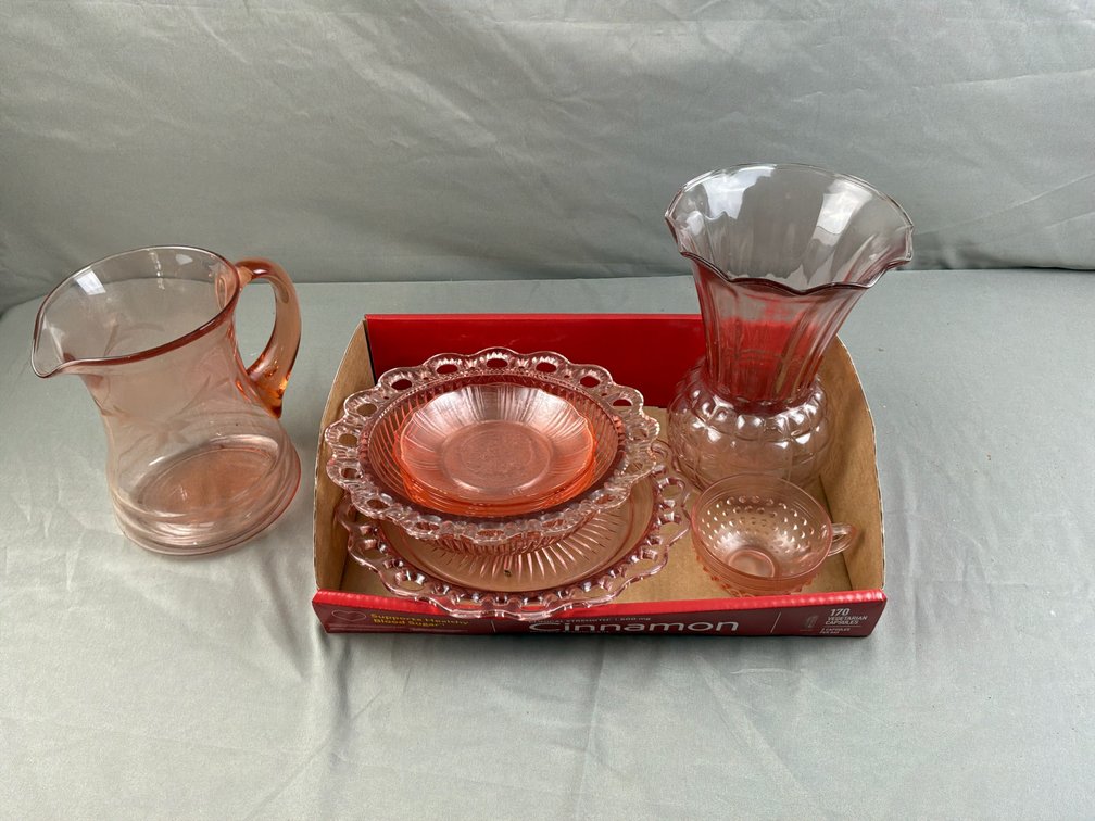 Pink Depression Glass Pitcher, Vase, and Tableware