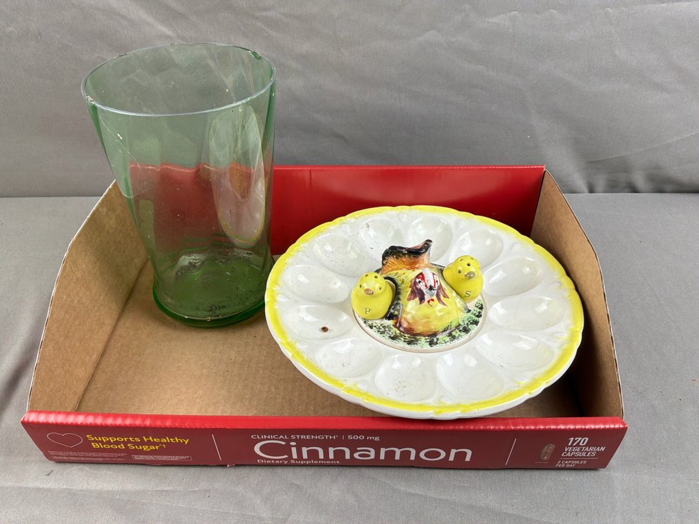 Ceramic Deviled Egg Plate, Chick Shaker Set, and Glass Tumbler