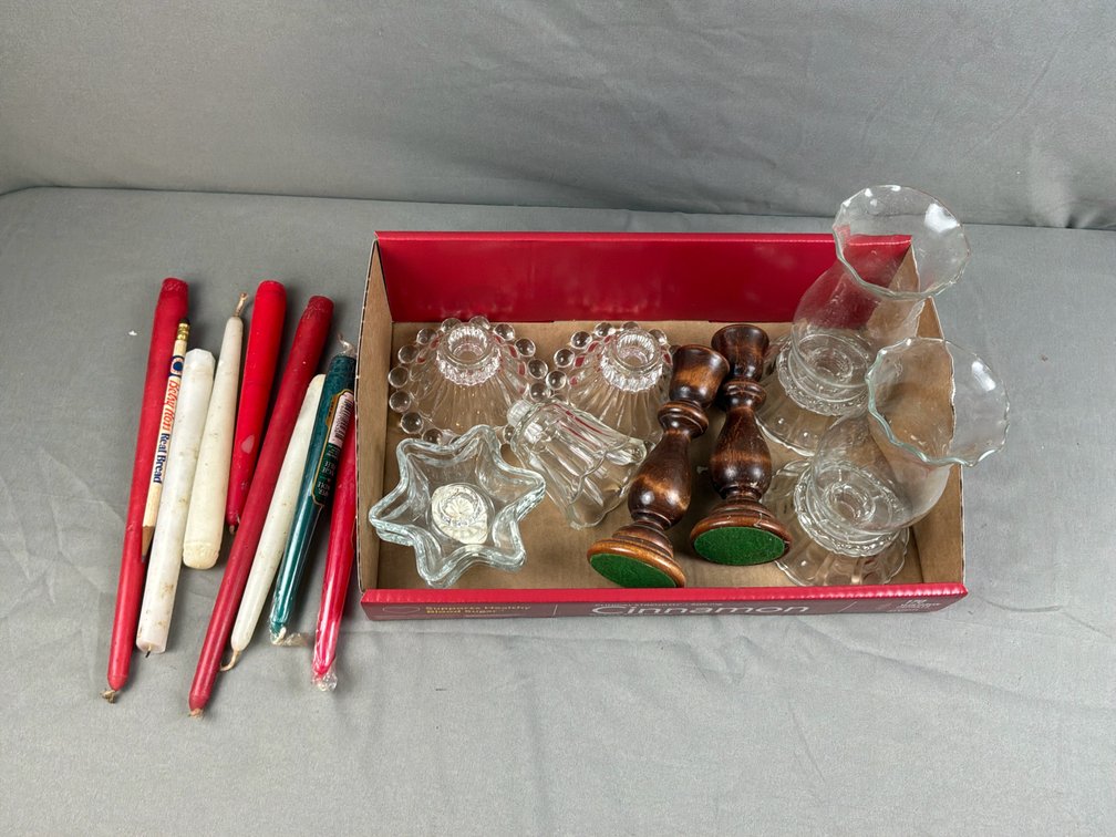 Glass and Wood Candle Holders, Taper Candles, and More