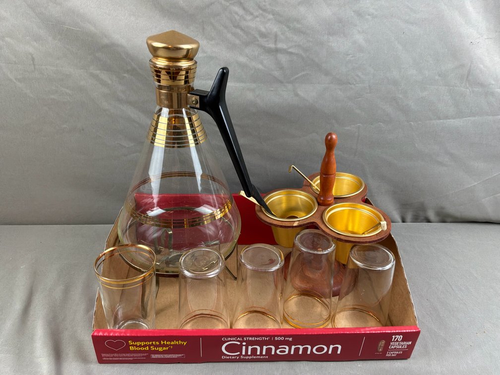 Glass Carafe with Stand, Tumblers, and Condiment Caddy
