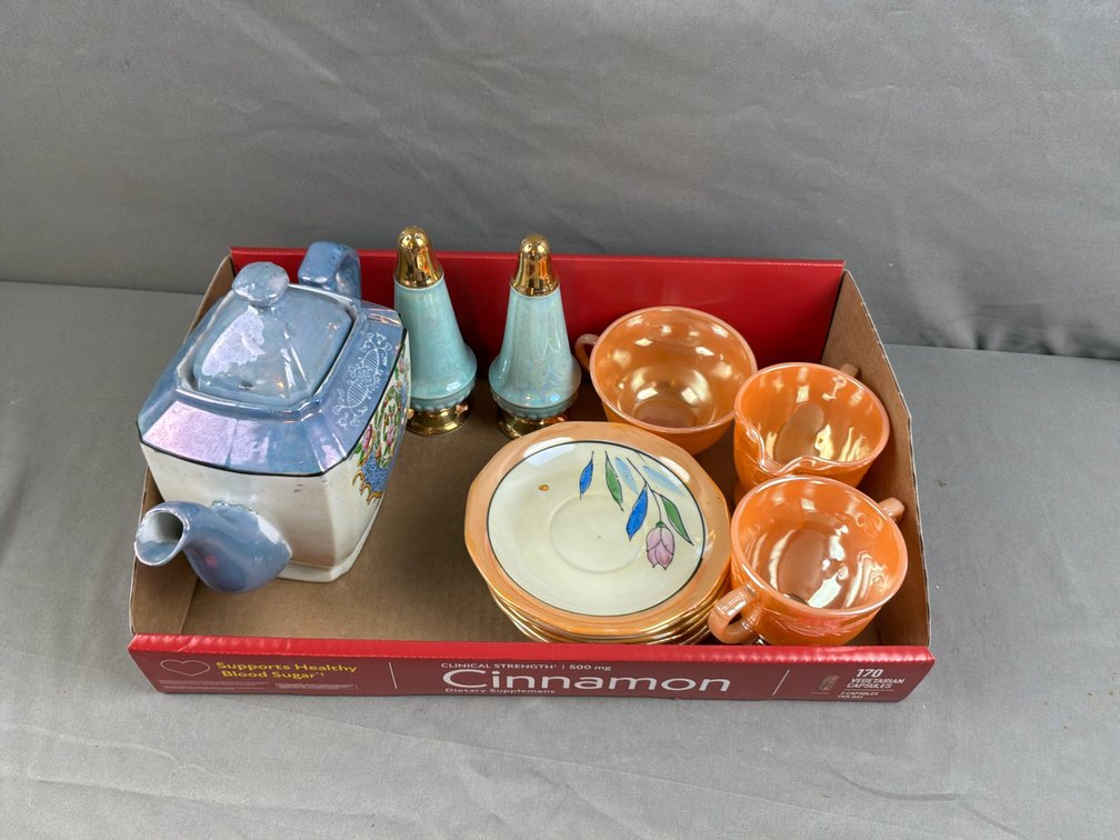 Lusterware Ceramic Teapot, Saucers, Shakers, and Glassware