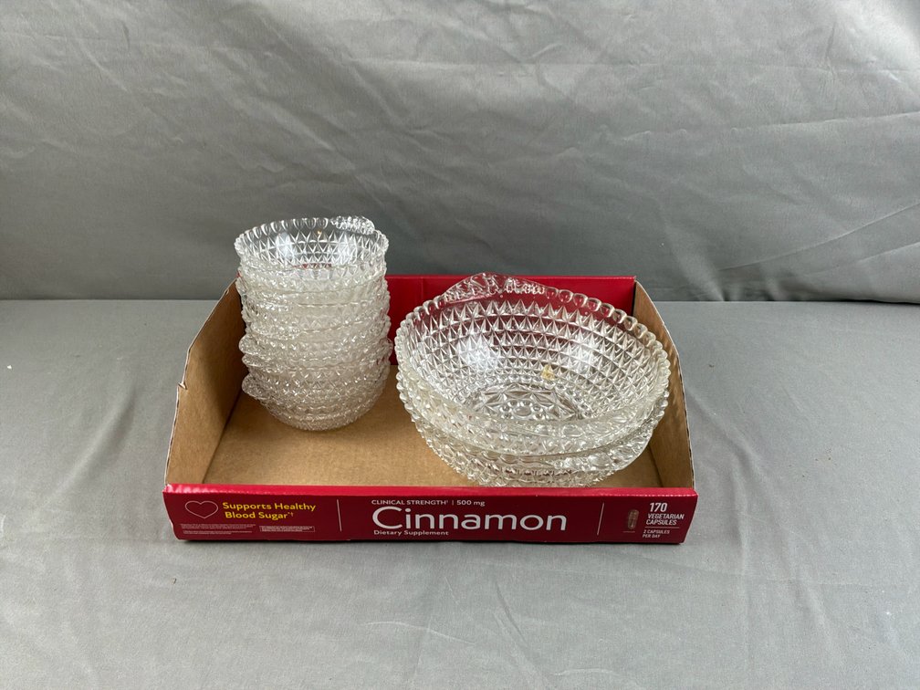 Diamond Point Clear Pressed Glass Handled Bowls