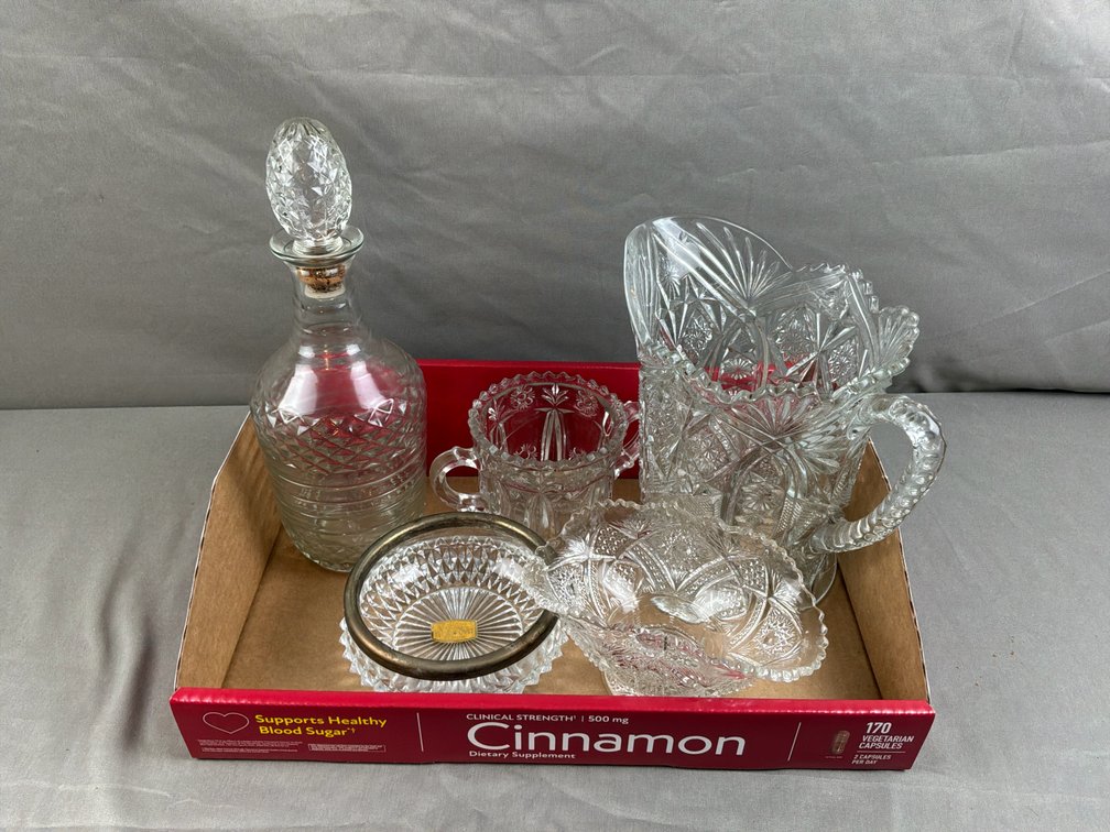 Cut and Pressed Glass Pitcher, Decanter, Dishes, and More