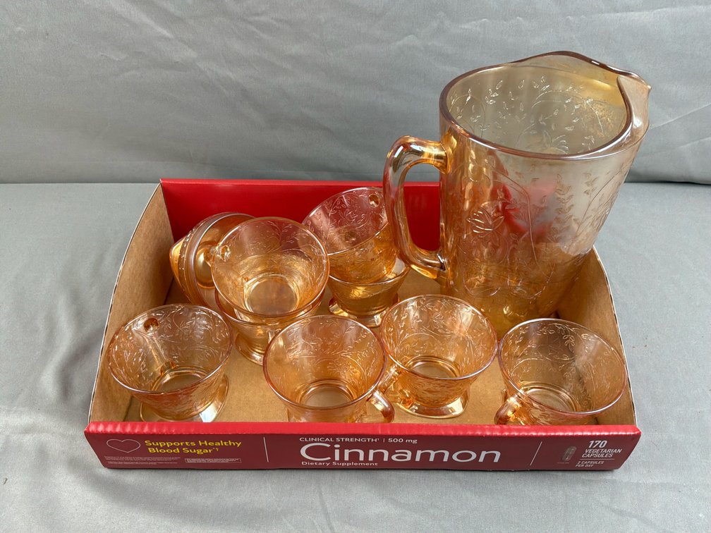 Marigold Carnival Glass Pitcher, Cups, and Dish