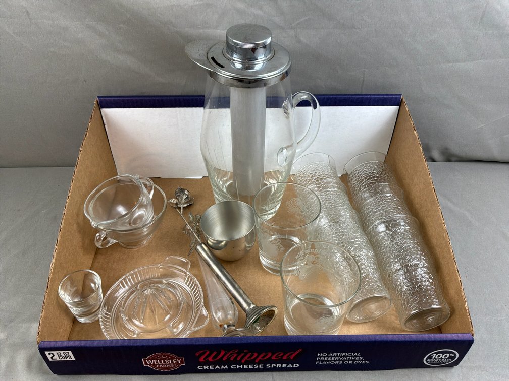Glass Ice-Chamber Pitcher, Tumblers, and Barware