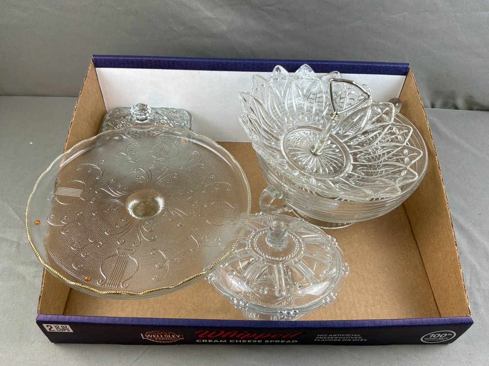 Clear Pressed Glass Platter, Covered Dish, and Tableware