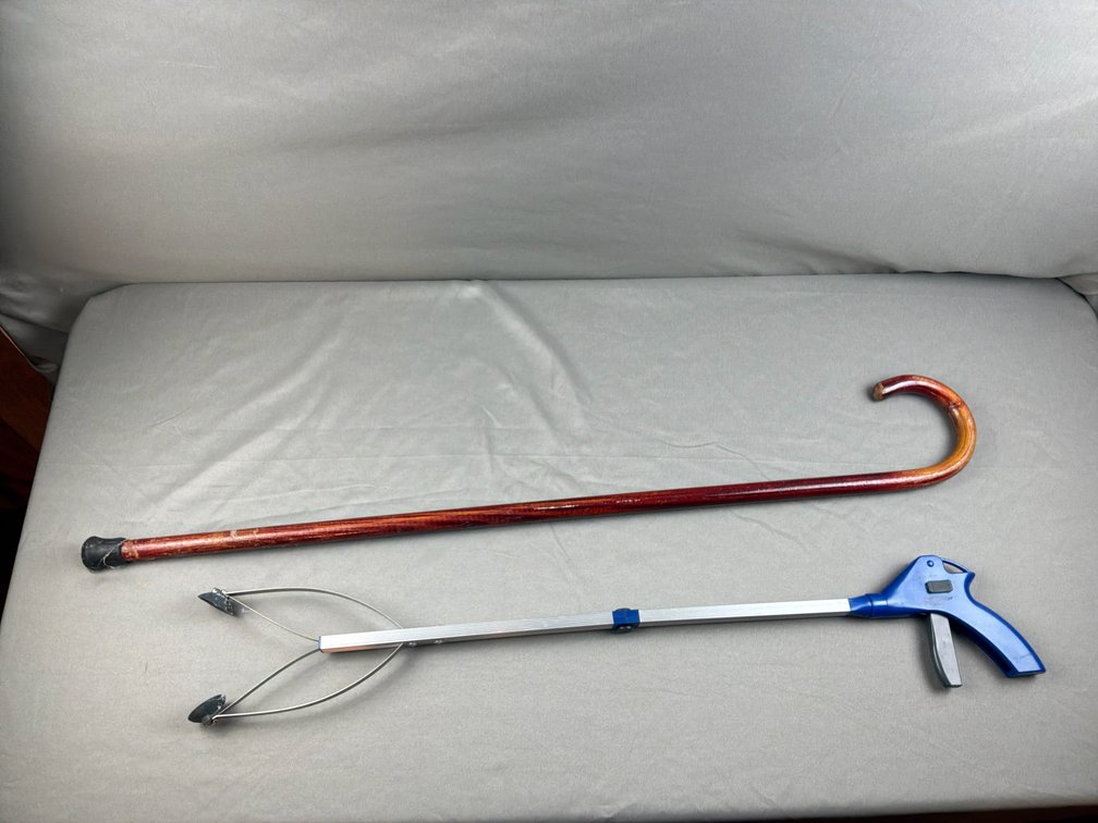 Wooden Walking Cane and Folding Reacher Grabber Tool