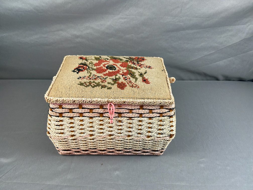 Woven Sewing Basket with Needlepoint Lid and Sewing Notions