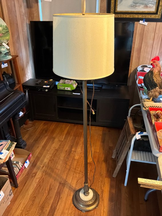 Cast Metal and Marble Floor Lamp with Drum Shade