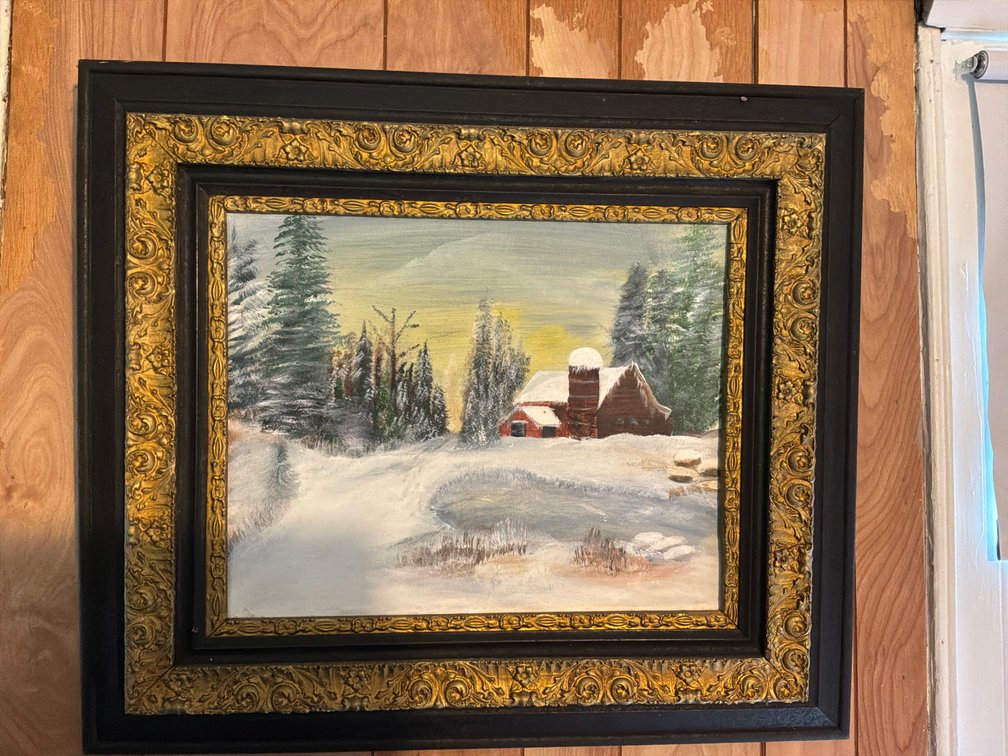 Framed Winter Landscape Painting with Barn
