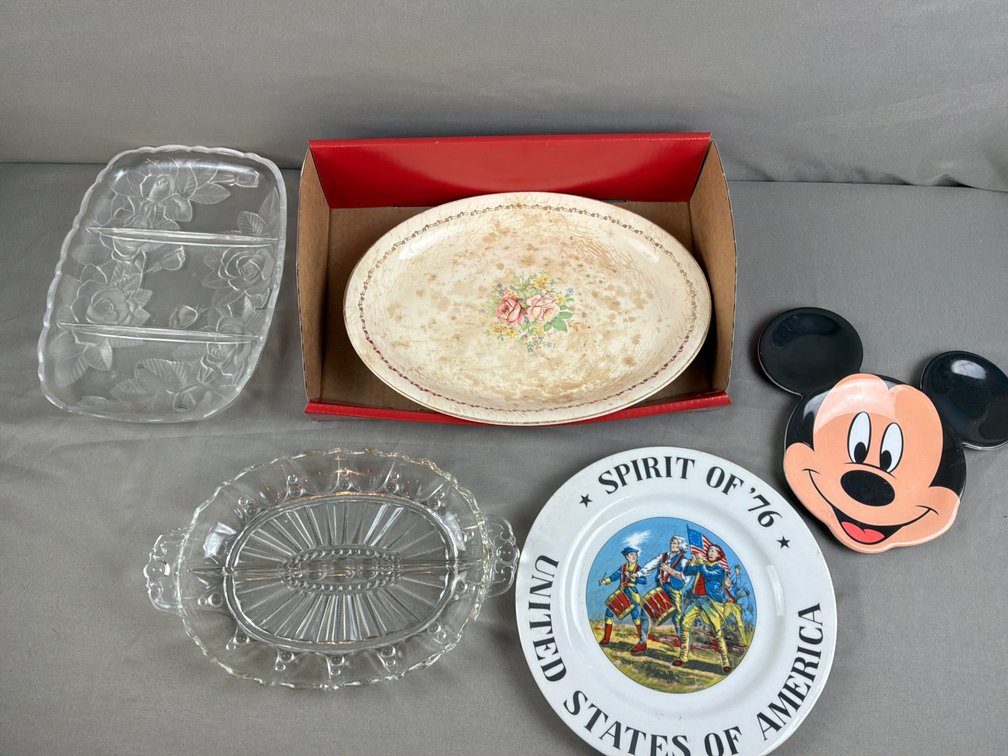 Pressed Glass Dishes, Ceramic Platter, and Plates