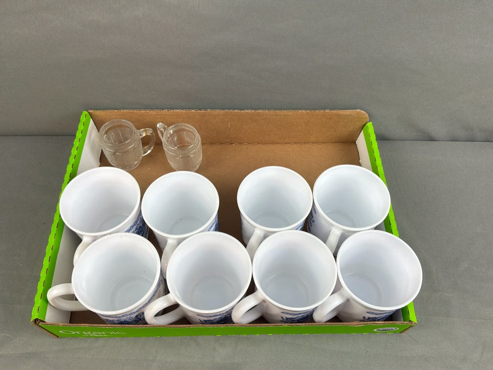 White Glass Mugs and Miniature Glass Barrel Mugs