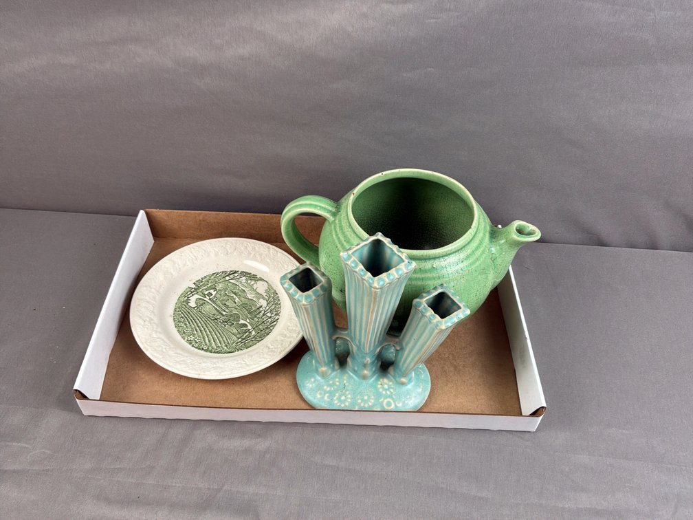 Ceramic Teapot, Bud Vase, and Transferware Plate