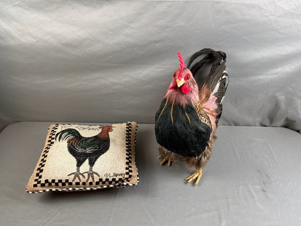 Feathered Rooster Figurine and Tapestry Accent Pillow