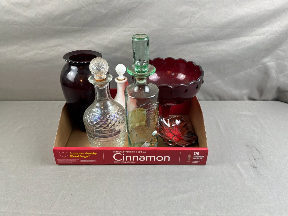 Glass Decanters, Ruby Glassware, and Tableware