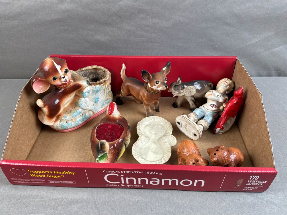 Ceramic Figurines, Dog Planter, Pincushion, and Dish