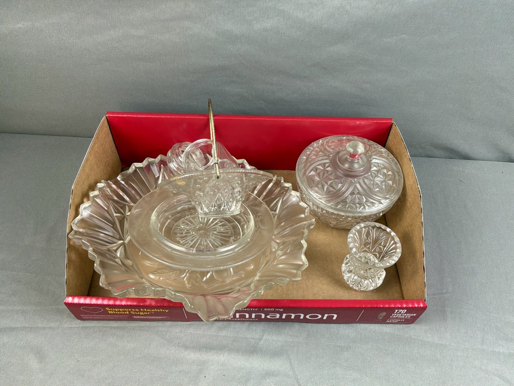 Clear Pressed Glass Covered Dish, Basket, and Tableware