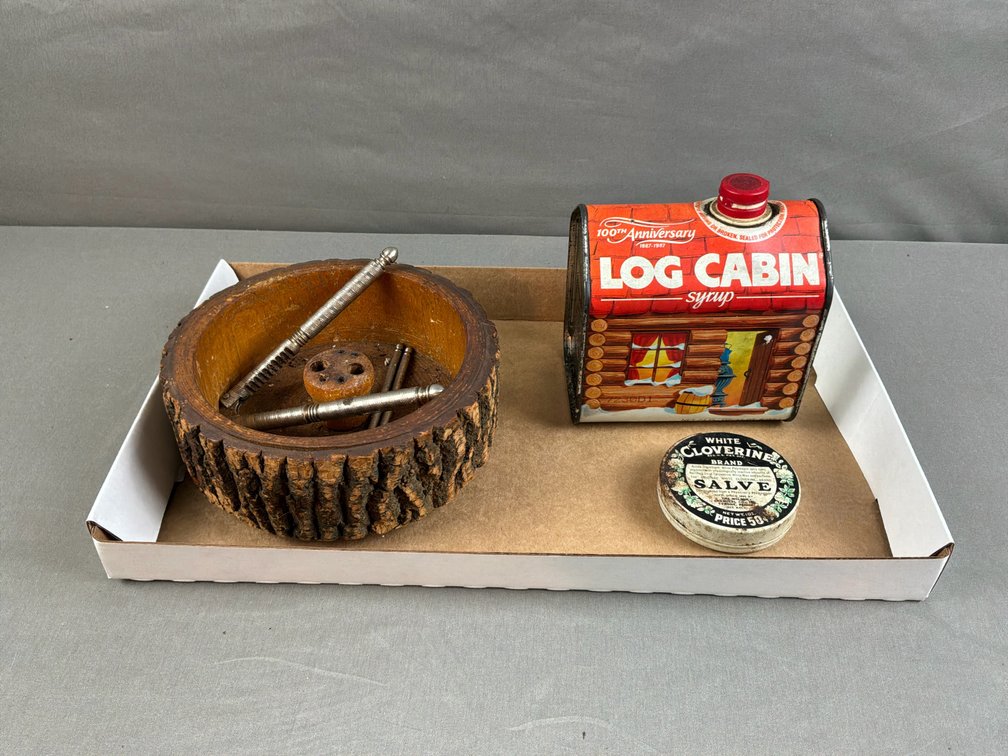 Log Cabin and White Cloverine Tins with Wooden Nut Bowl Set