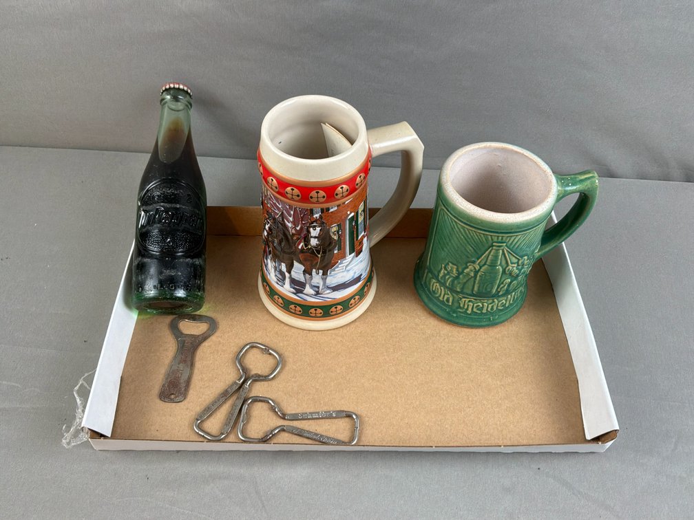 Glass Soda Bottle, Ceramic Steins, and Bottle Openers