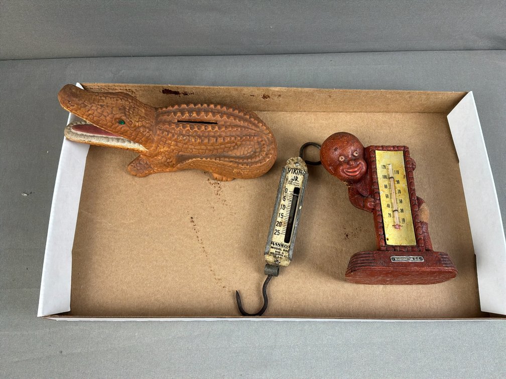 Alligator Coin Bank, Spring Scale, and Souvenir Thermometer