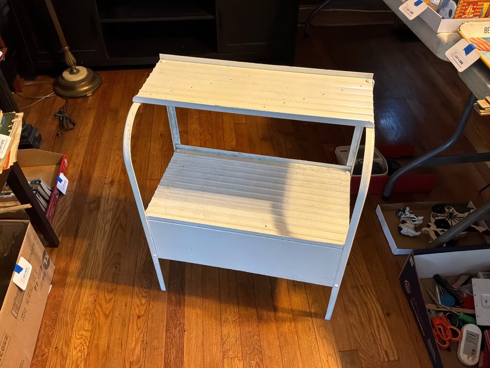 Two-Tier White Metal Plant Stand with Corrugated Shelves