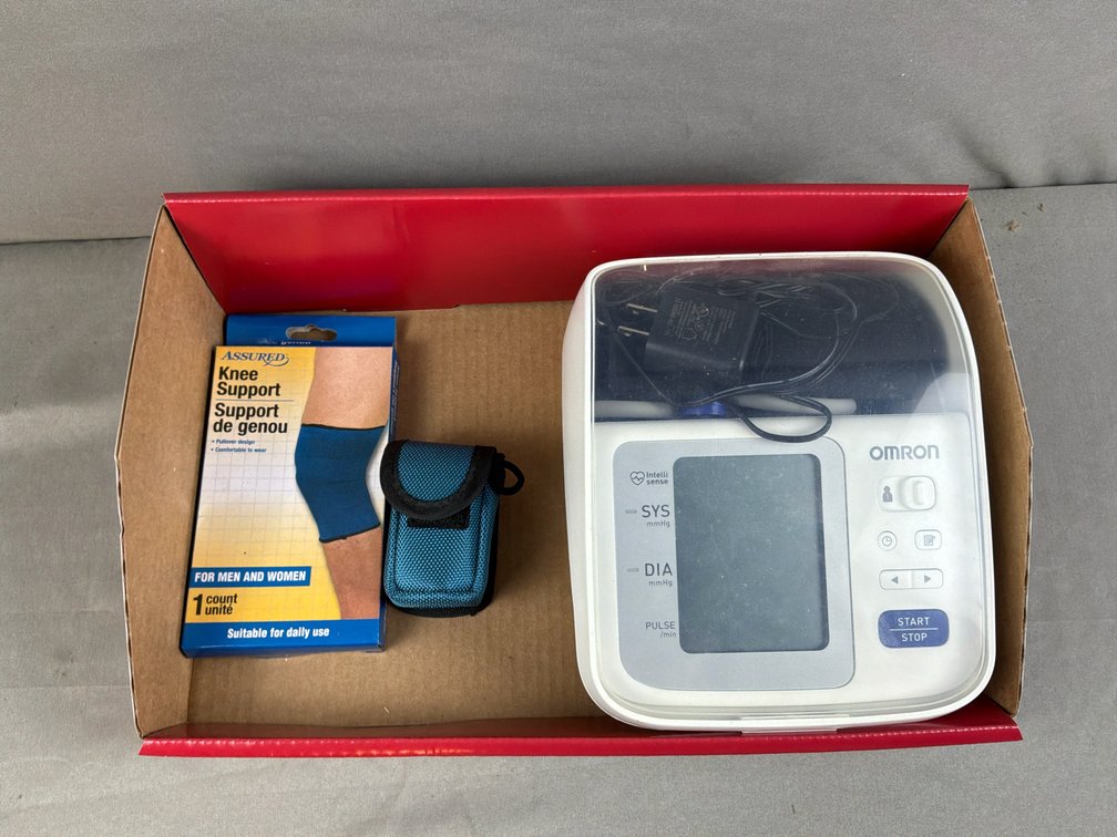 Blood Pressure Monitor, Knee Support, and Fabric Pouch