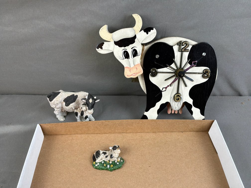 Wooden Cow Clock and Cast Cow Figurines
