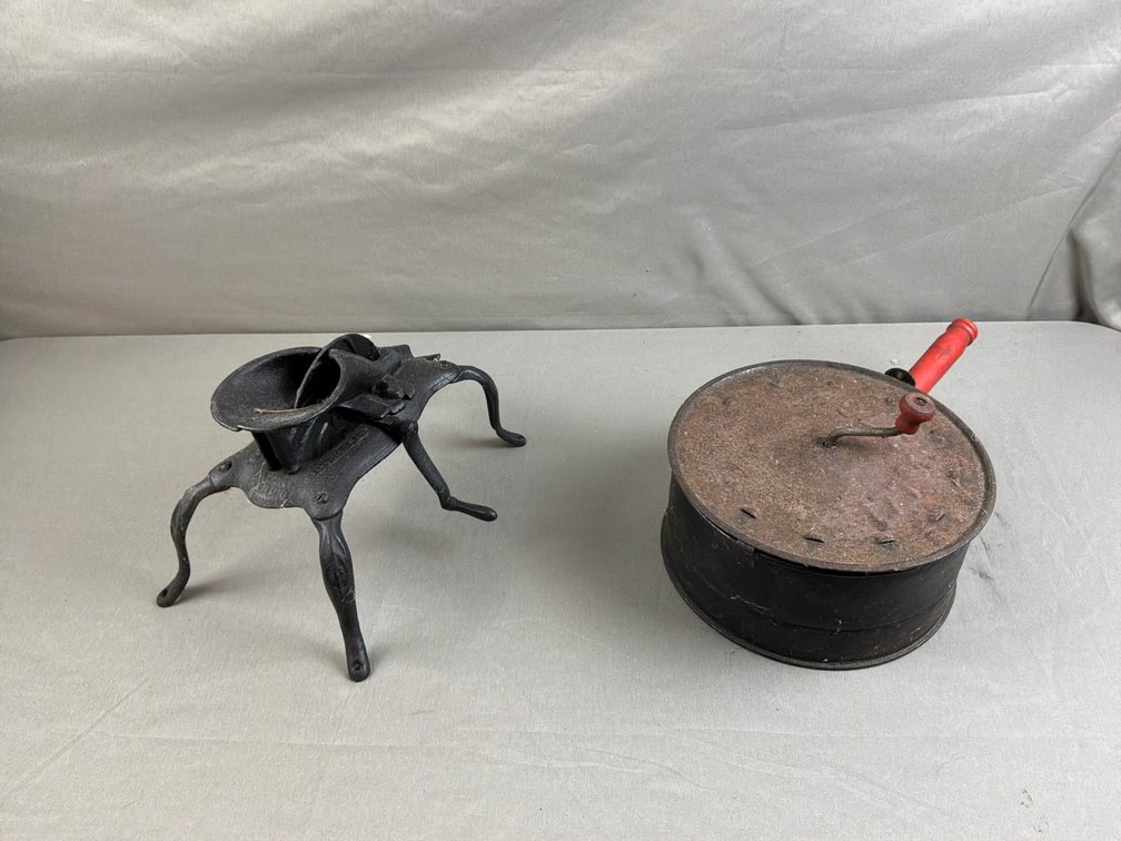 Cast Iron Hand-Crank Machine and Metal Popcorn Popper