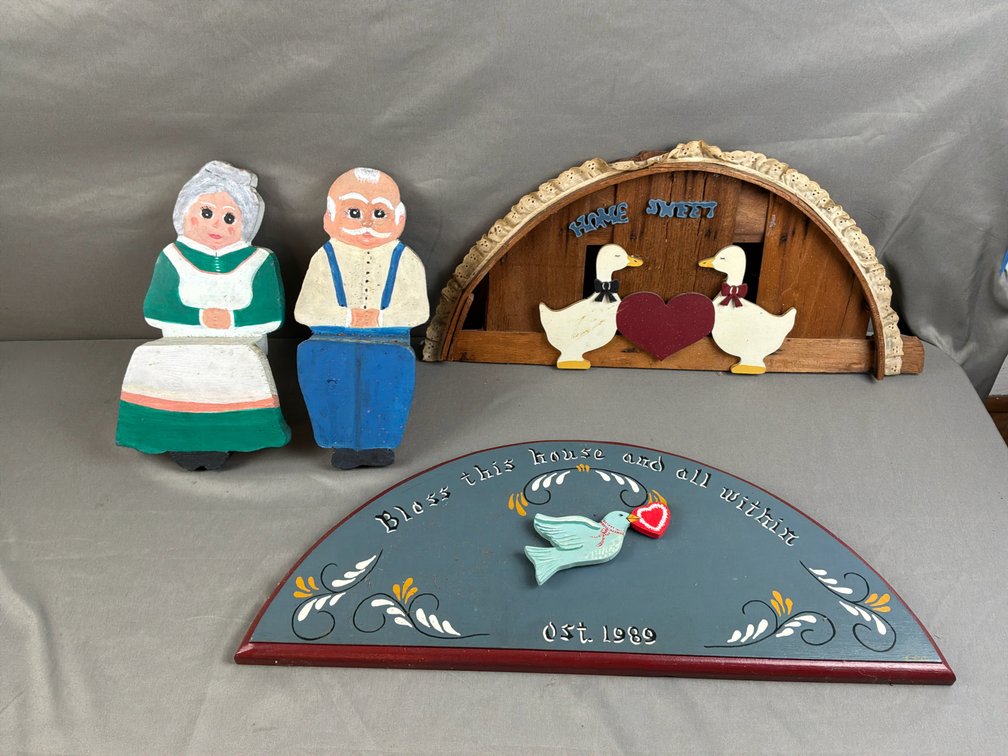 Painted Wooden Folk Art Plaques, Shelf Sitters, and Bookends