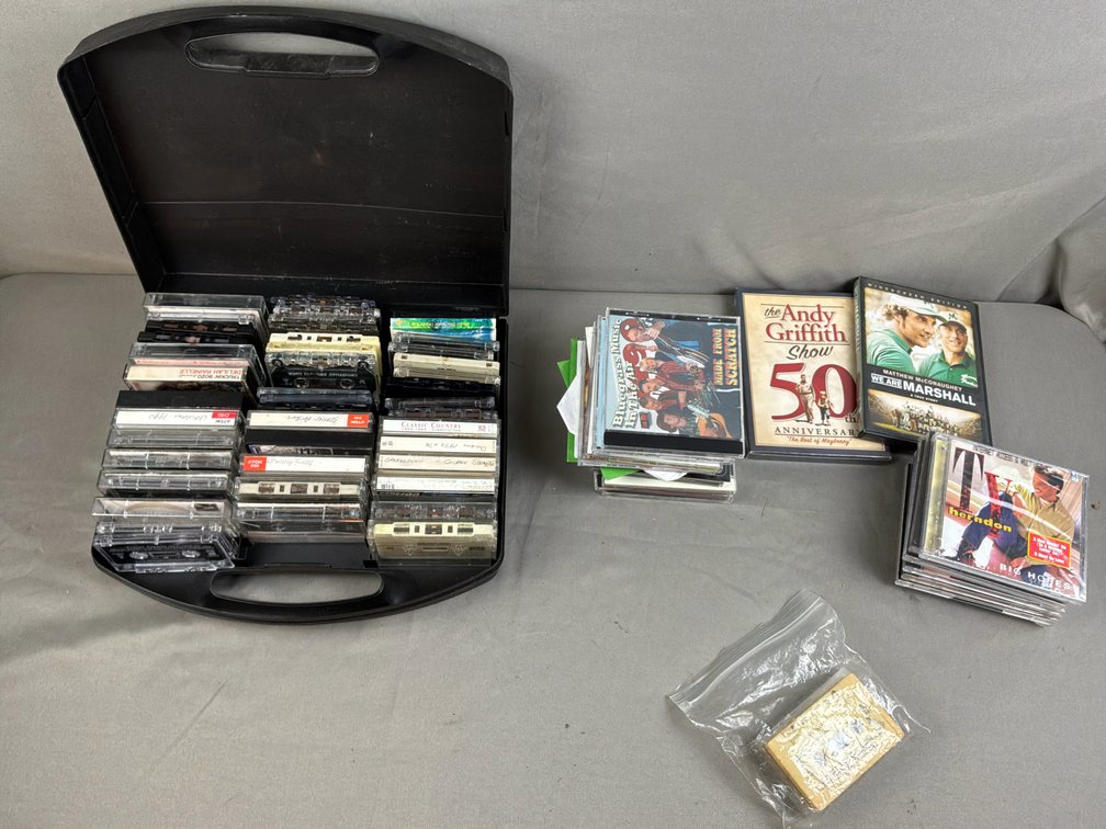 Cassette Tapes with Carrying Case, Audio CDs, and DVDs