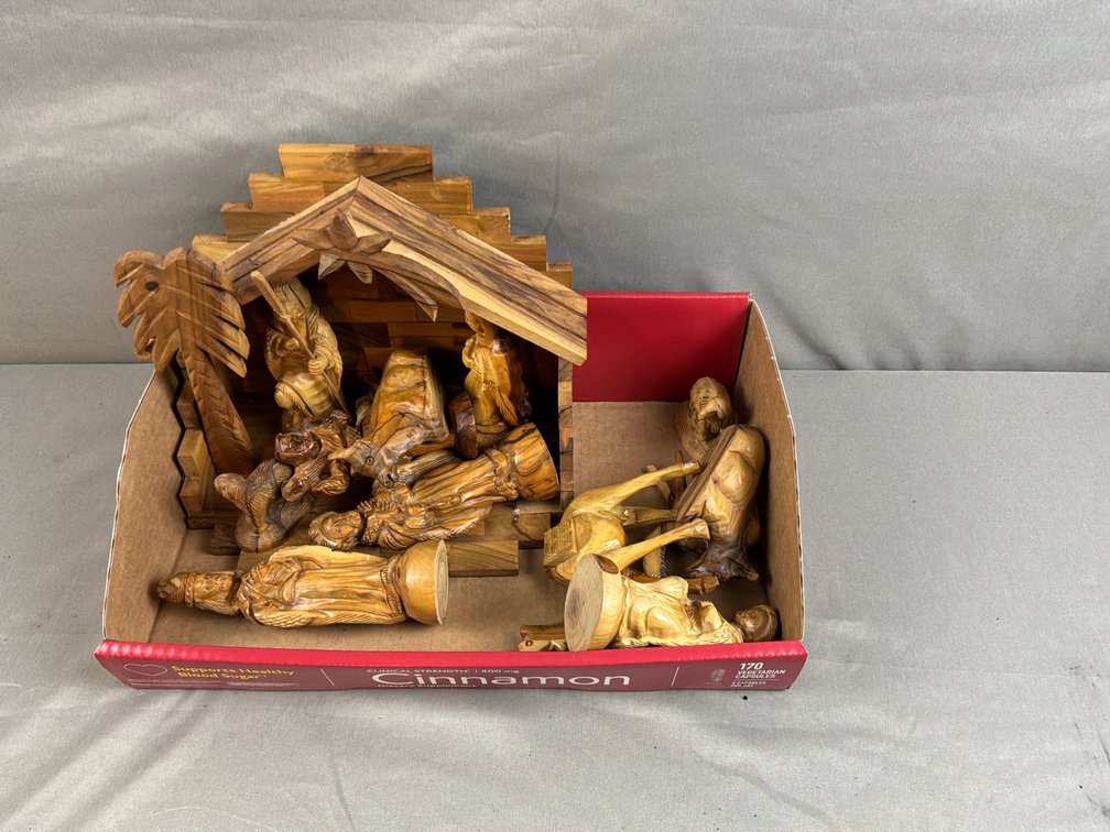 14-Piece Carved Wood Nativity Set with Crèche