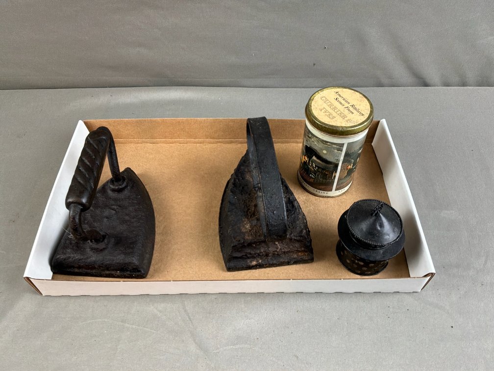 Cast Iron Sad Irons, Tin Canister, and Miniature Lantern