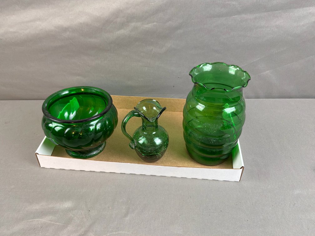 Emerald Green Glass Footed Bowl, Pitcher, and Vase