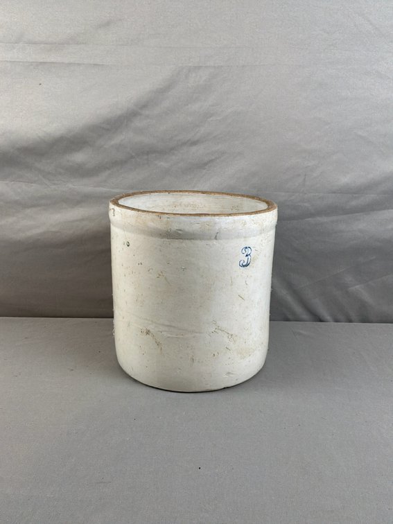 Cylindrical Stoneware Crock with Blue Numeral 3