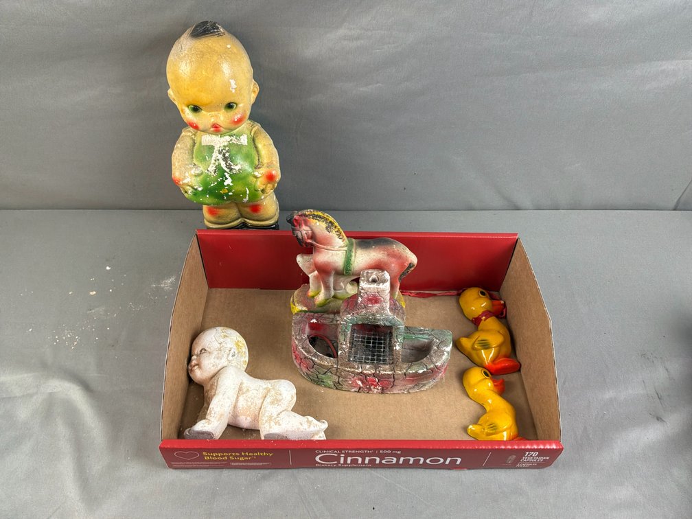 Chalkware Child, Horse, Duck Figurines, and More