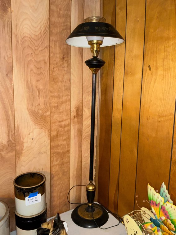 Black and Brass-Tone Metal Floor Lamp with Stenciled Shade